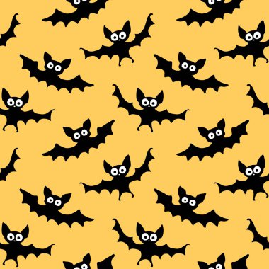 Uçan yarasaların pürüzsüz desenleri. Şirin Ürkütücü vektör çizimi. Cadılar Bayramı arkaplan ve dokuları düz gotik çizgi film tarzında. Siyah siluetler hayvanlar.