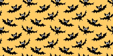 Uçan yarasaların pürüzsüz desenleri. Şirin Ürkütücü vektör çizimi. Cadılar Bayramı arkaplan ve dokuları düz gotik çizgi film tarzında. Siyah siluetler hayvanlar.
