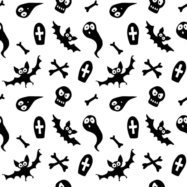 Glad Halloween Sömlös Mönster Med Uppsättning Tecken Fladdermöss Spöken Skallar — Stock vektor