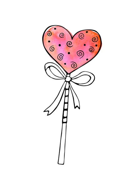 Watercolor Heart Shape Lollipop Gingerbread Stick Bow Hand Drawn Contour — Fotografia de Stock