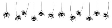 Şirin siyah örümcekler sallanıyor ve internette salınıyor. El çizimi, izole edilmiş, kusursuz sınır çizgisi. Cadılar Bayramı vektör arkaplan ve çerçeve.