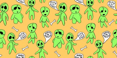 Çizgi film tarzında şirin zombileri olan kusursuz bir model. Çizgi çizimi izole edildi. Şeker mi şaka mı? Konuşma balonunda harfler. Cadılar Bayramı arka plan ve dokuları.