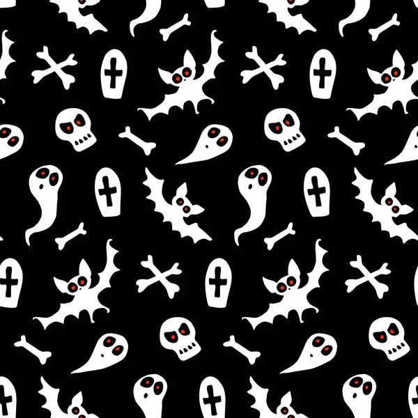 Happy Halloween Seamless Pattern Set Characters Bats Ghosts Skulls Bones — Stock Vector