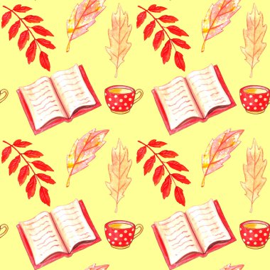 Açık kitap, kırmızı benekli bardak ve sonbahar yapraklı suluboya desenli. Hobiler, eğlence, konforlu, mutlu sonbahar teması üzerine renkli bir geçmiş,