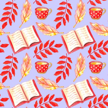 Açık kitap, kırmızı benekli bardak ve sonbahar yapraklı suluboya desenli. Hobiler, eğlence, konforlu, mutlu sonbahar teması üzerine renkli bir geçmiş,