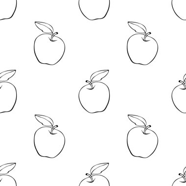 Elmaları karalama tarzında hatları olan kusursuz bir şekil. El yapımı meyve arkaplanı ve dokusu izole. Çocuklar için, okul tasarımı, hasat, bahçe işleri ve Şükran Günü teması.