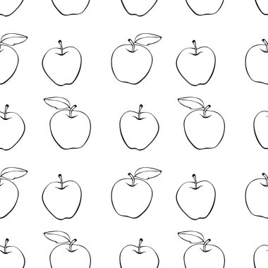 Elmaları karalama tarzında hatları olan kusursuz bir şekil. El çizimi meyve arkaplanı ve doku, izole. Çocuklar için, okul tasarımı, hasat, bahçe işleri ve Şükran Günü teması.