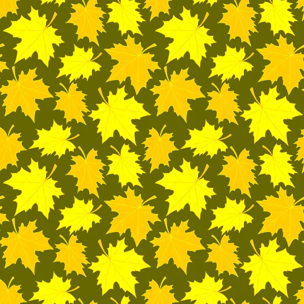 黄色とオレンジ色の黄金のカエデがフラットスタイルで葉とベクトル明るいシームレスパターン 秋の風合い — ストックベクタ
