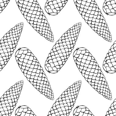 Karalama tarzında köknar ladin konisi olan vektörsüz desen. Doğa ormanı arka planı ve dokusu izole..