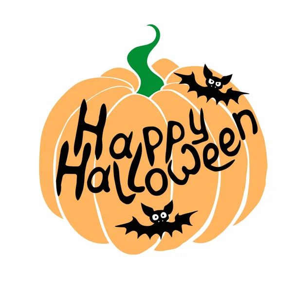 Feliz Cartel Halloween Con Letras Murciélagos Sobre Fondo Calabaza Aislado — Vector de stock