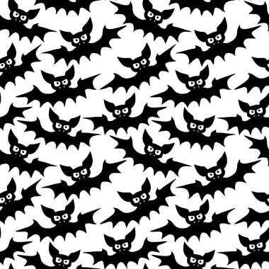 Uçan yarasaların pürüzsüz desenleri. Şirin Ürkütücü vektör çizimi. Cadılar Bayramı arkaplan ve dokuları düz gotik çizgi film tarzında. Gökyüzündeki siyah siluetler.