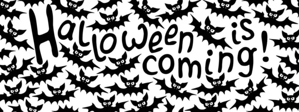 Striscione Vettoriale Con Pipistrelli Vampiri Halloween Sta Arrivando Lettering Confine — Vettoriale Stock