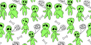 Çizgi film tarzında şirin zombileri olan kusursuz bir model. Çizgi çizimi izole edildi. Şeker mi şaka mı? Konuşma balonunda harfler. Cadılar Bayramı arka plan ve dokuları.