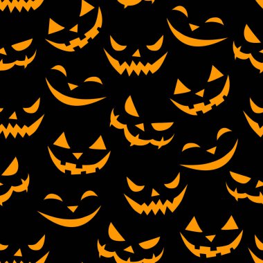 Düz bir şekilde gülen yüzlerin vektörsüz deseni. Siyah arka planda izole edilmiş, ürkütücü yaratıkların karanlık burunlarından parlayan ve dışarı bakan. Cadılar Bayramı dokusu