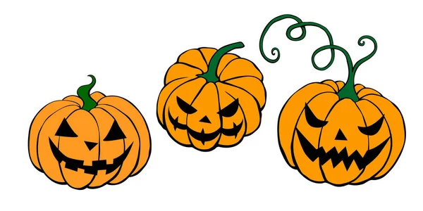 Een Set Vector Simpele Enge Enge Lachende Halloween Pompoenen Geïsoleerd — Stockvector