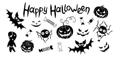 Mutlu Cadılar Bayramı. Geleneksel şenlik tasarım elementleri ve sembolleri. Balkabağı, kriko feneri, zombiler, örümcekler, yarasalar, şekerler. Düz, izole edilmiş siyah beyaz simgeler.