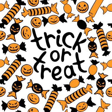 Şekerden yapılmış vektör çerçevesi Cadılar Bayramı tarzında harf-şaka-şeker şeklinde farklı ambalajlarda. Gösterişli sınır, başlık, düz stil dekorasyon