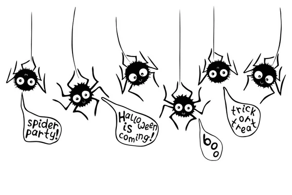 Üzerinde Asılı Şirin Siyah Örümcekler Cadılar Bayramı Temalı Konuşma Baloncuklarındaki — Stok Vektör