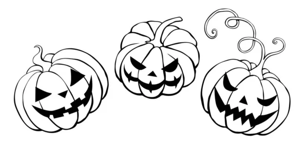 Eine Reihe Von Vektorkonturen Von Gruselig Lächelnden Halloween Kürbissen Isoliert — Stockvektor