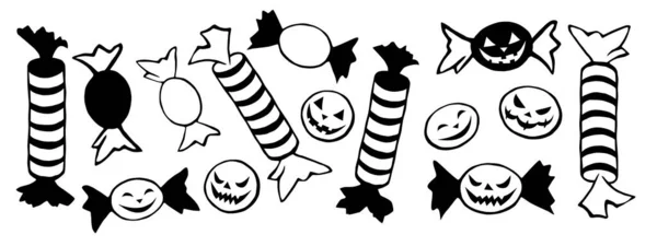 ハロウィンスタイルの異なるラッパーでキャンディのベクトルセット 休日のデザイン要素 Clipart 黒と白 — ストックベクタ