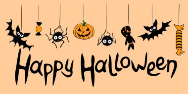 Mutlu Cadılar Bayramı. Vektör partisi posteri, asılı geleneksel tatil unsurları - balkabağı, Jack feneri, zombi, örümcek, yarasa, şeker