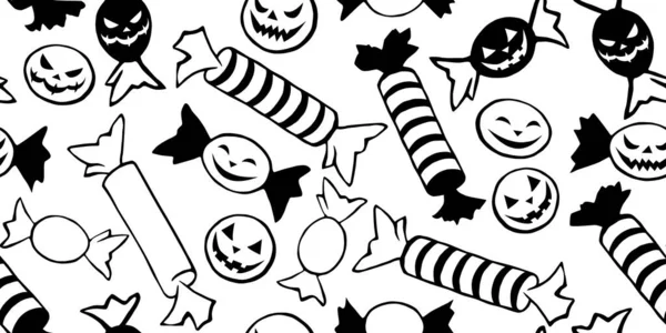 Patrón Sin Costuras Vectorial Dulces Diferentes Envolturas Estilo Halloween Truco — Vector de stock