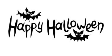 Yarasalarla Cadılar Bayramı mektuplarınız kutlu olsun. İzole edilmiş düz dizayn elementleri, siyah siluet. Tebrik kartı, davetiye, parti, poster, afiş için şenlikli başlık.