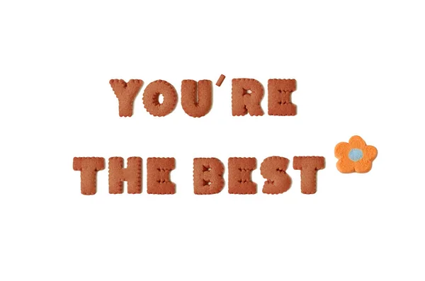 Текст Найкраще Написане Печивом Формі Шоколадного Алфавіту Апельсиновими Зефірними Цукерками — стокове фото