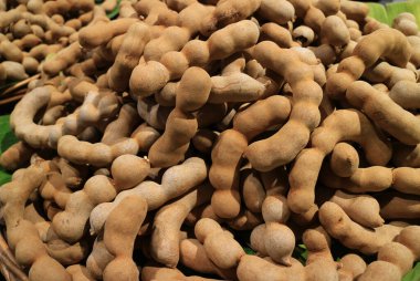 Bir yığın olgun Tamarind meyvesi, Tayland 'da tropik lezzetli sağlıklı meyveler.