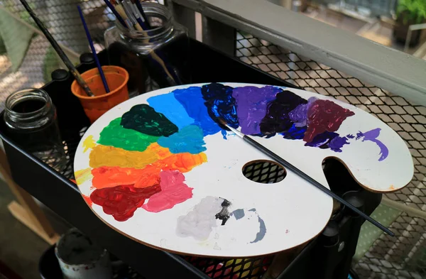 White Art Palette Multi Color Paints Paintbrush Black Tool Cart — Stock Photo, Image