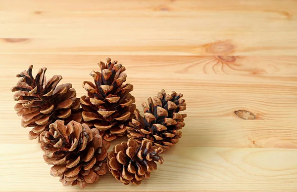 Closeup Group Natural Dry Pine Cones Wooden Background — Stock Photo, Image