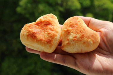 Pair of Lovely Heart Shaped Pao de Queijo or Brazilian Cheese Breads in Hand against Blurry Sunlight Garden clipart