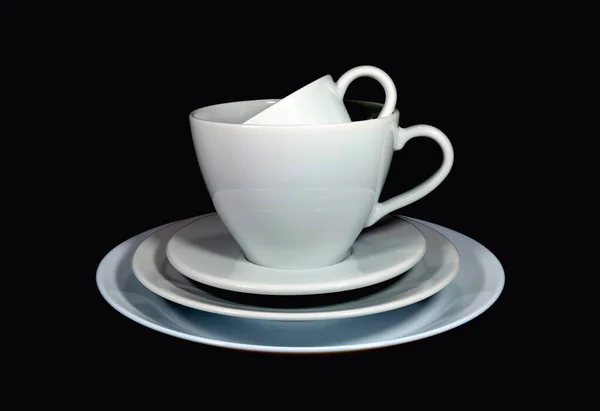 Empilés Tasses Thé Porcelaine Blanche Tasses Café Avec Soucoupes Différentes — Photo