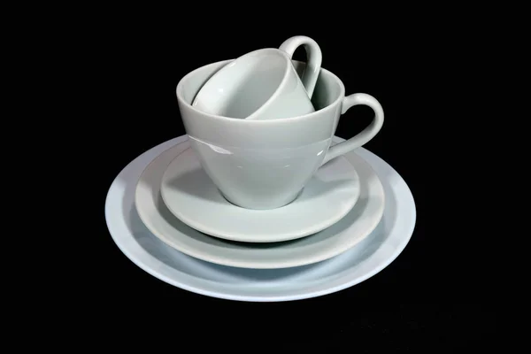 Pile Two White Porcelain Tea Cup Saucers Plate Isolated Black — Stock Photo, Image