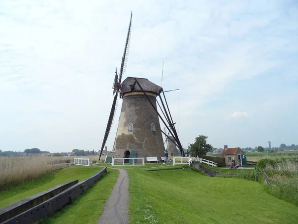 Auténtico Molino Viento Holandés Kinderdijk Windmill Complex Holanda Meridional Países —  Fotos de Stock