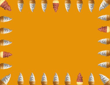 Canlı Turuncu Arkaplanda İzole Edilmiş İki Türlü Yumuşak Hizmet Dondurma Konilerinin Çerçevesi