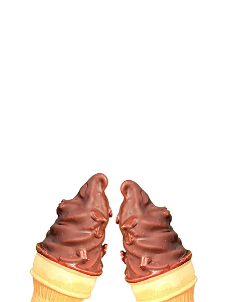 Vertical Image of Two Chocolate Coating Soft Serve Ice Cream Cones Clinking on White Background