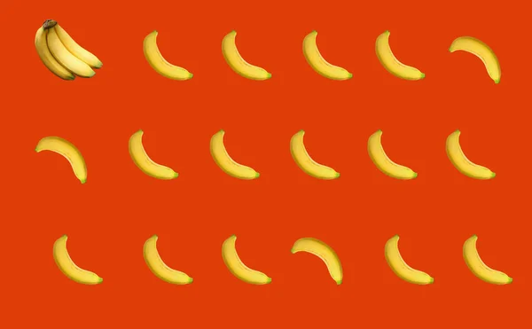 Reihen Von Gelbschalen Frische Reife Bananen Auf Lebhaftem Orangefarbenem Hintergrund — Stockfoto