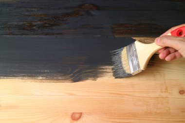 Man's hand painting surface of natural wood plank into black color