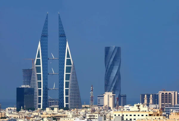 Csodálatos Manama Skyline Iconic Bahrain World Trade Center Vagy Bwtc — Stock Fotó