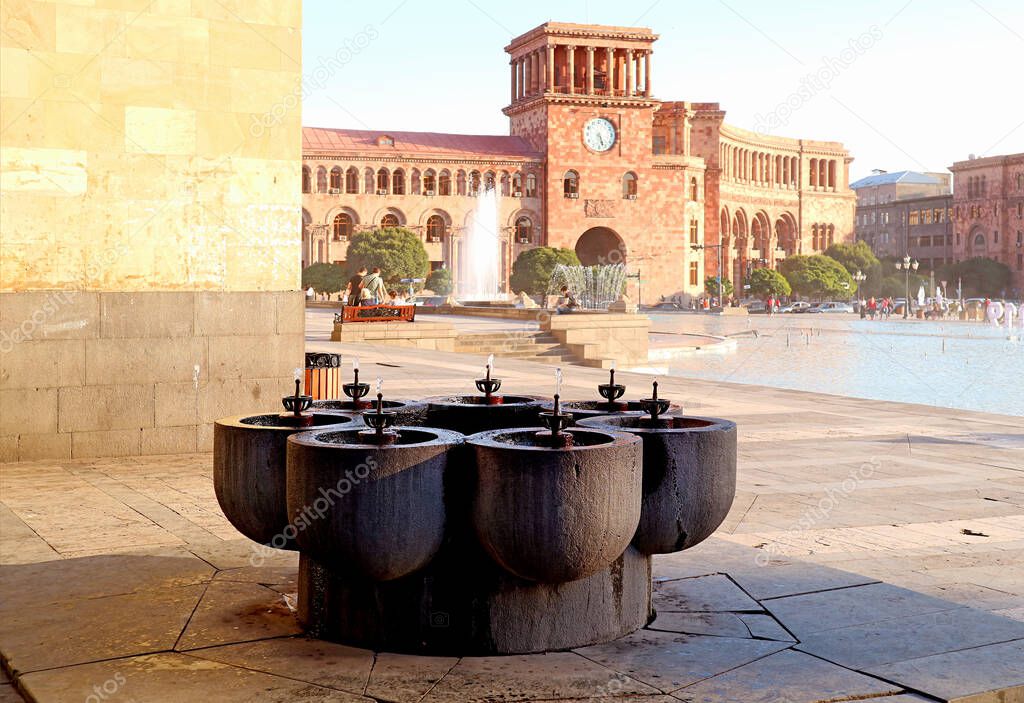 Impressive Drinking Water Fountains Called Pulpulak with the Government House in the Backdrop, Republic Square of Yerevan, Armenia
