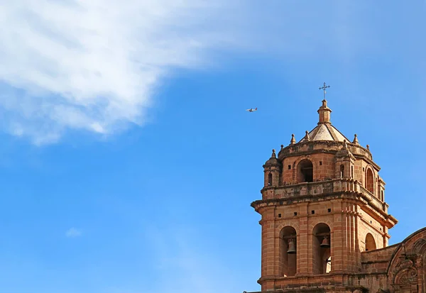 Ornate Bell Tower Basilica Menor Merced Blue Sky Flying Airplane — Fotografia de Stock