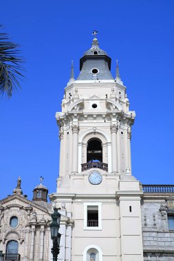 Gorgeous Bell Tower of The Basilica Cathedral of Lima, a Remarkable Landmark on Plaza Mayor, Historic Centre of Lima, Peru