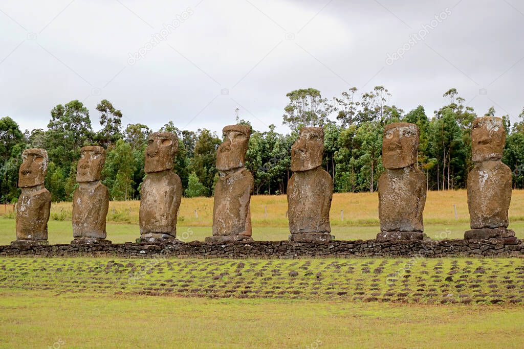 Ahu Akivi Ceremonial Platform which the Group of Moai Statues Looking Out Towards Pacific Ocean, Easter Island, Chile, South America