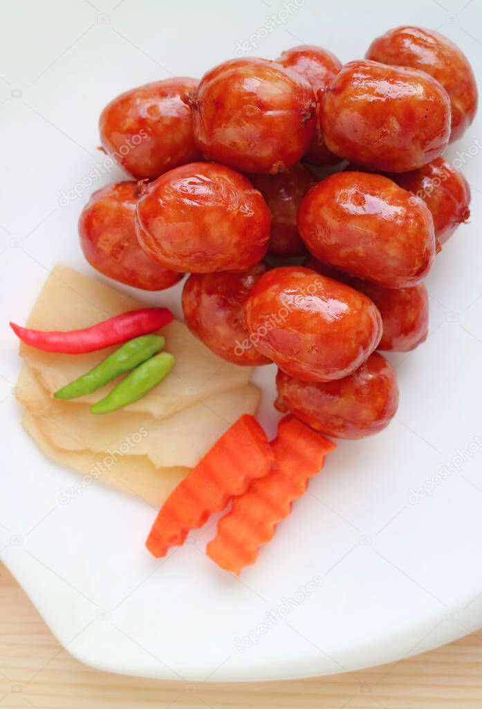 Plate of Northeastern Thai Sausages Called Sai krok Isan, One of a Popular Street Food in Thailand