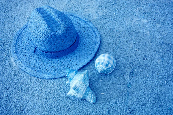 Pop Art Surrealistyczny Styl Niebieski Kolorowy Słomkowy Kapelusz Muszle Plaży — Zdjęcie stockowe
