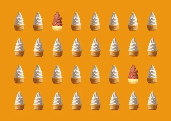 Rows of Two Types of Soft Serve Ice Cream Cones Pattern on Vivid Orange Background