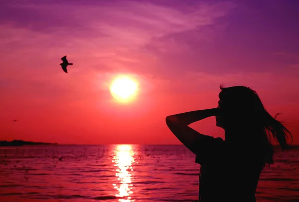 一种流行的艺术风格 一个女人的肖像 带着一只飞翔的小鸟仰望着鲜亮的紫色粉色日出的天空 — 图库照片