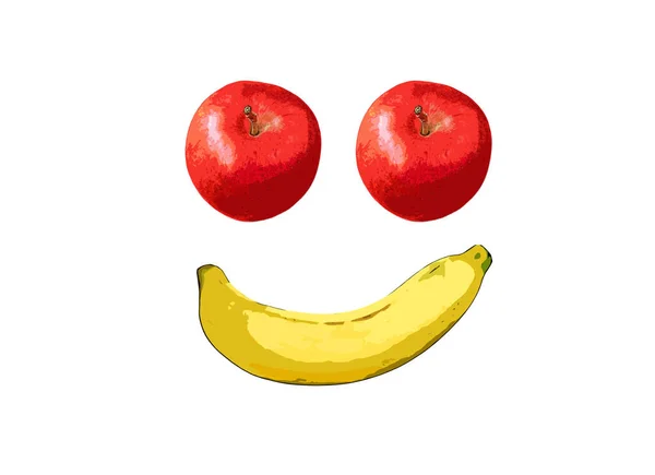 Ζεύγος Κόκκινων Μήλων Μια Μπανάνα Απομονωμένη Λευκό Φόντο — Φωτογραφία Αρχείου