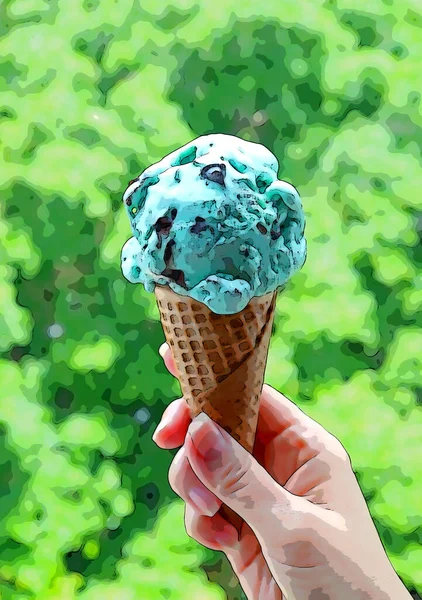 Ilustração Mão Mulher Segurando Cone Hortelã Chocolate Chip Ice Cream — Fotografia de Stock